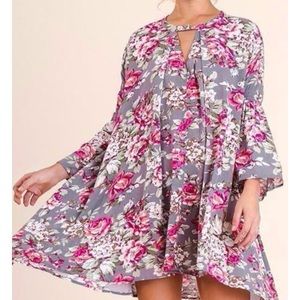 Umgee Gray Floral Mini Swing Dress